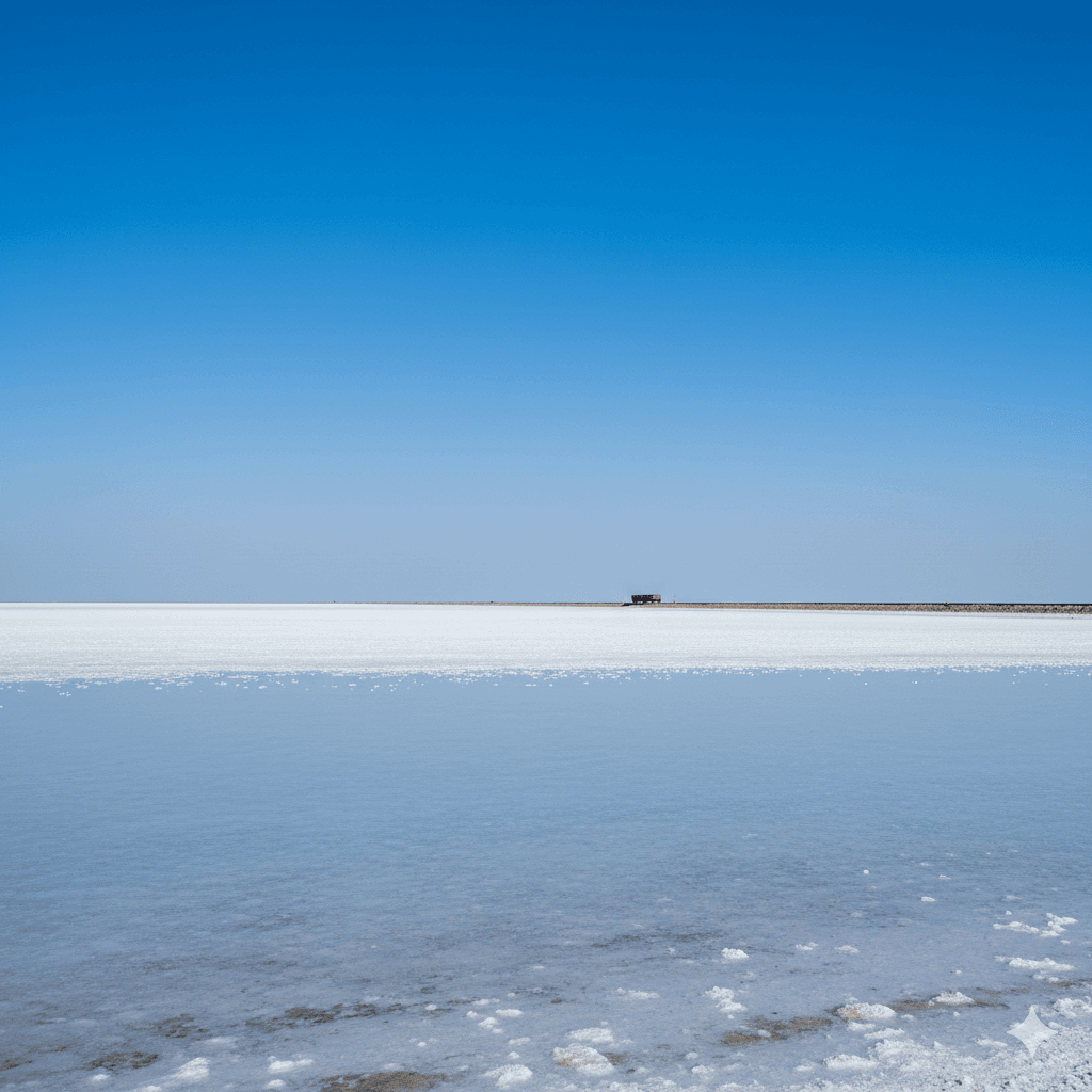 AI-generated minimalist landscape of Sambhar Salt Lake reflecting a clear blue sky, creating a white desert effect. Rajasthan bus booking 2026