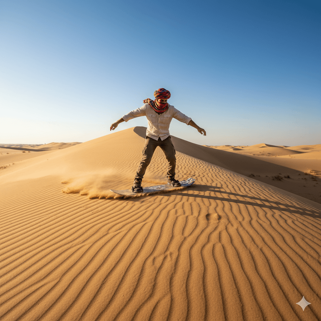 AI-generated image: A traveler sandboarding on the Sam Sand Dunes in Jaisalmer under a clear blue sky. dune bashing in Jaisalmer