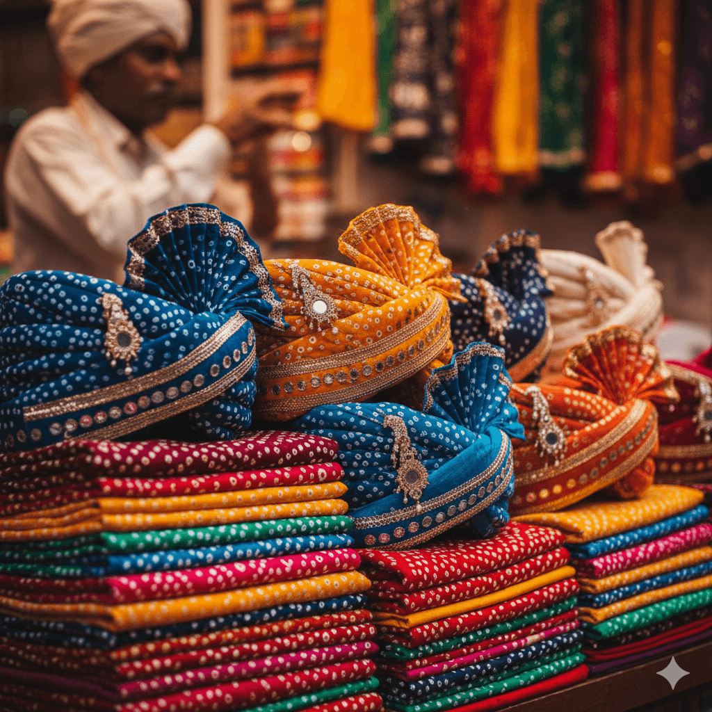 AI-generated vibrant display of traditional Rajasthani textiles at Sardar Market Jodhpur. Flying Fox Jodhpur