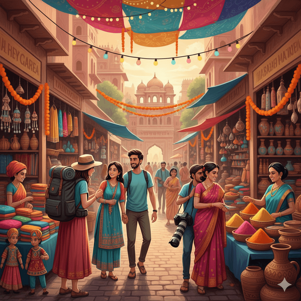 AI-generated illustration showing a backpacker, a couple, and a photographer exploring a colorful Jaipur market. Rajasthan bus booking 2026