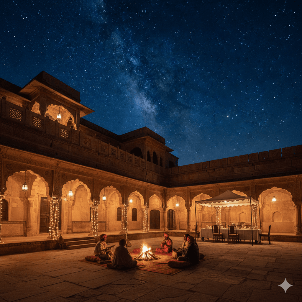 AI generated image of a heritage hotel courtyard in Shekhawati lit up at night under a starlit sky.