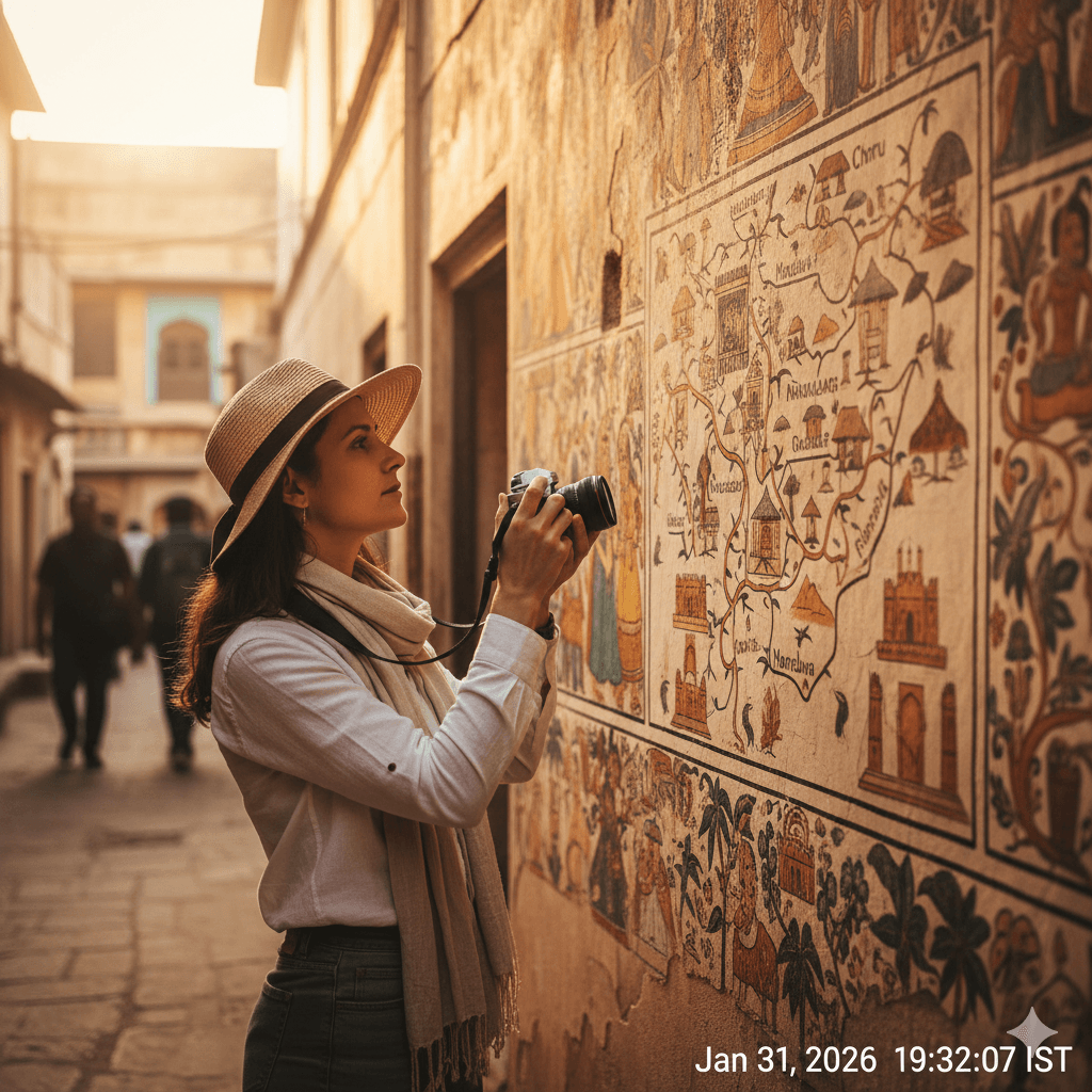 AI generated image of a traveler exploring the painted havelis of Mandawa following a 3-day itinerary.