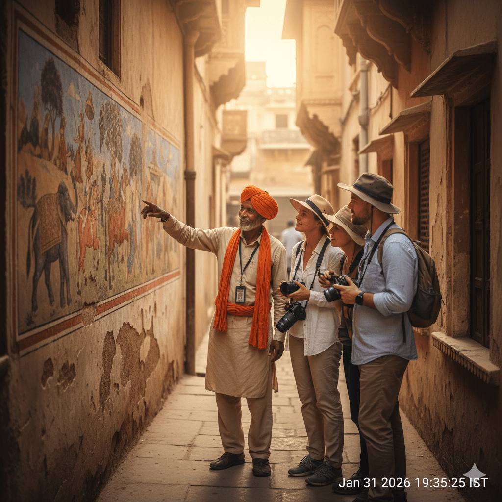 AI generated image of a local guide showing hidden haveli art to tourists in Shekhawati.