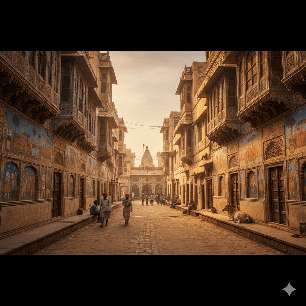 AI generated image of a street in Mandawa, Shekhawati, known as the largest open-air art gallery in the world.