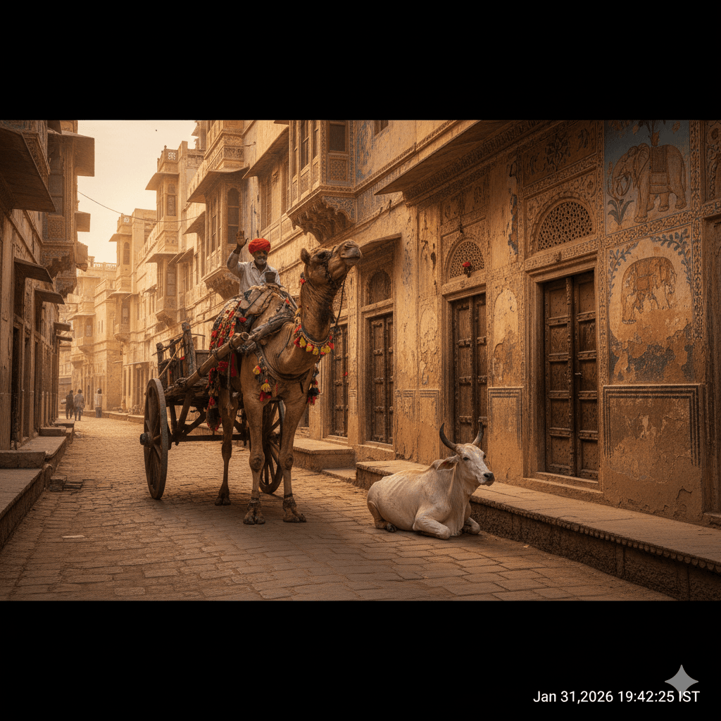AI generated image of a typical street scene in Shekhawati with a camel cart and painted havelis. Shekhawati Travel Guide