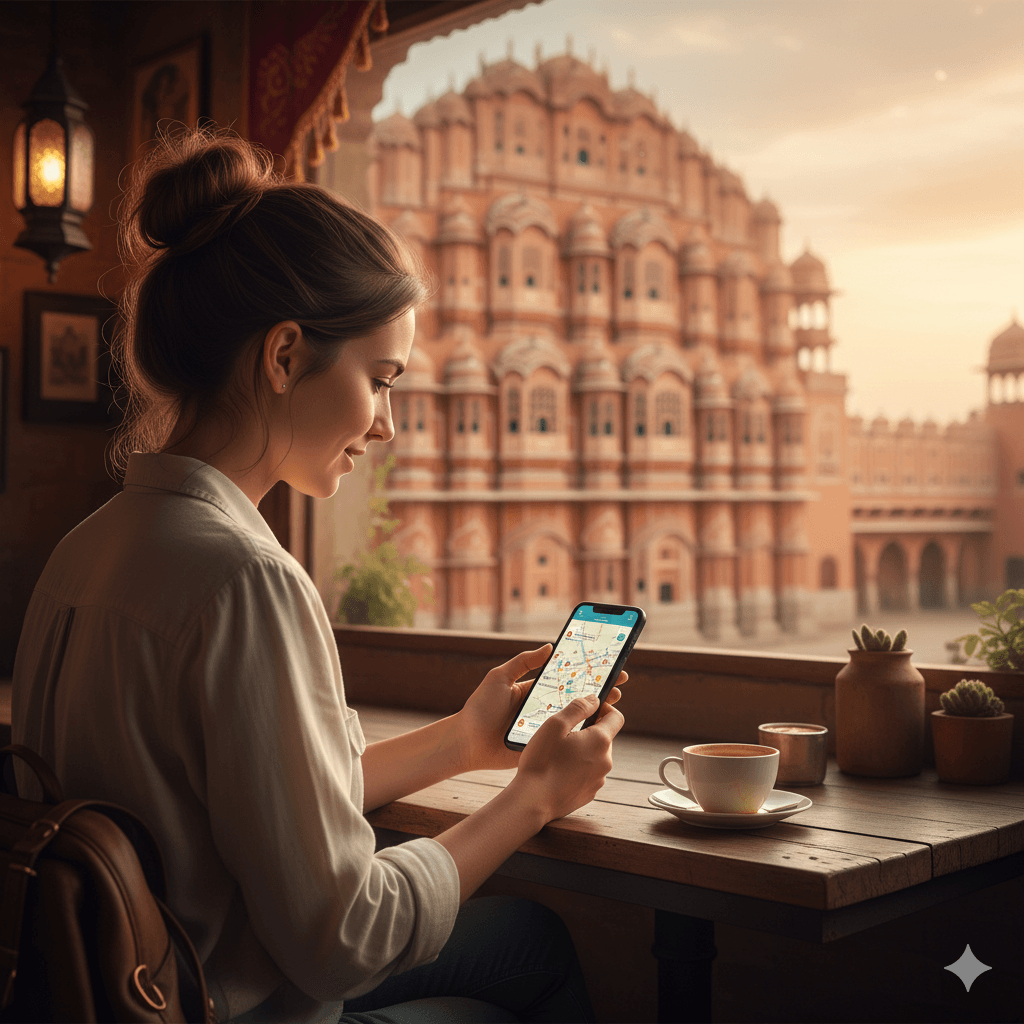 AI generated image of a traveler using a smartphone for navigation in a Rajasthan city.