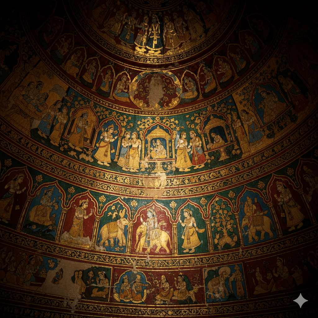 AI generated image of the gold-leafed frescoes inside Sone Chandi ki Dukan in Mahansar, Shekhawati. Shekhawati Travel Guide