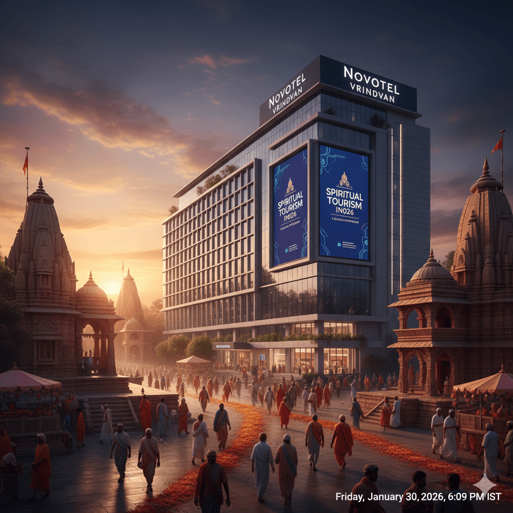 An AI-generated conceptual visualization of a modern luxury hotel, representing the Novotel Vrindavan, standing alongside traditional Hindu temple architecture during a vibrant sunset. The scene depicts a blend of spiritual heritage and premium hospitality in Vrindavan, India