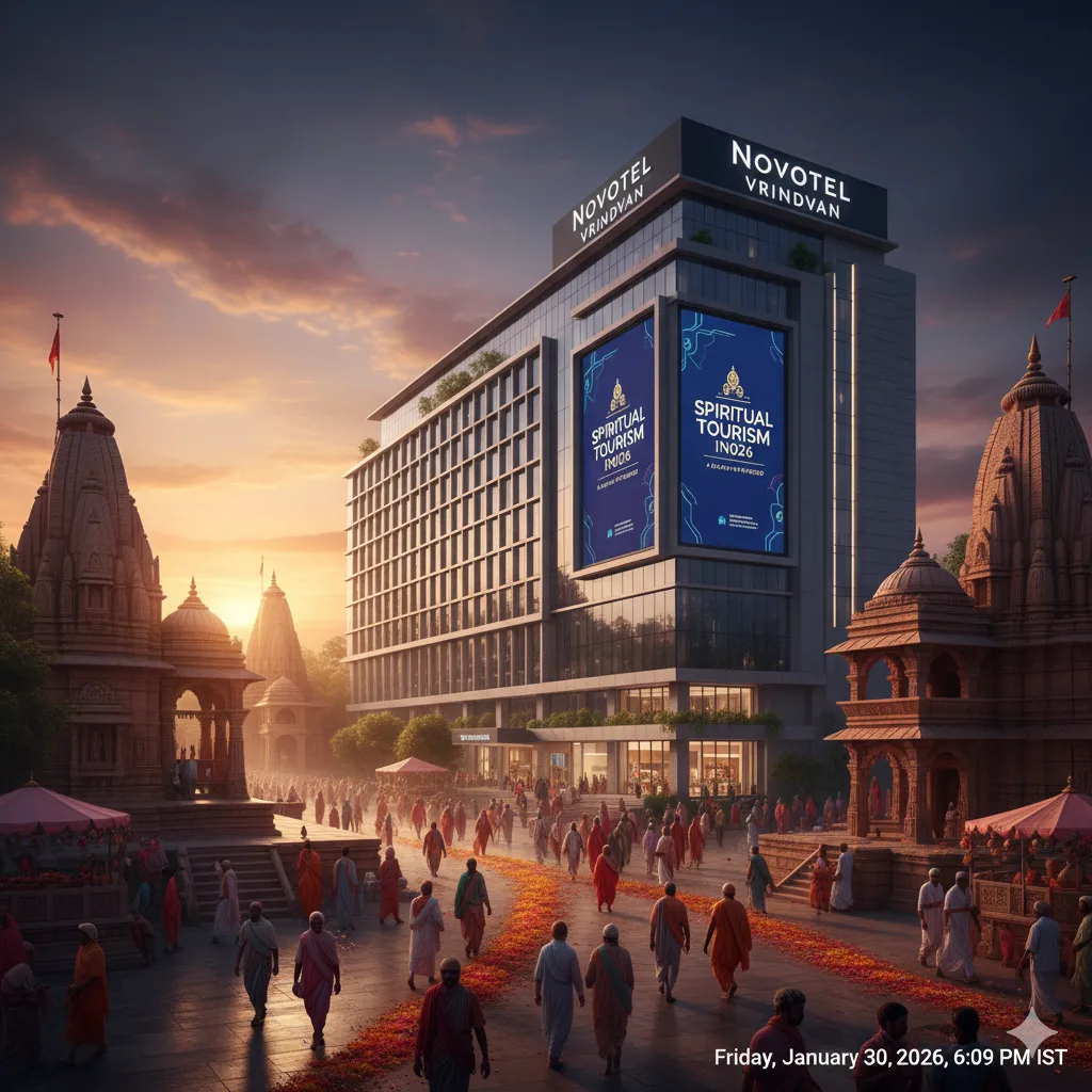 An AI-generated conceptual visualization of a modern luxury hotel, representing the Novotel Vrindavan, standing alongside traditional Hindu temple architecture during a vibrant sunset. The scene depicts a blend of spiritual heritage and premium hospitality in Vrindavan, India
