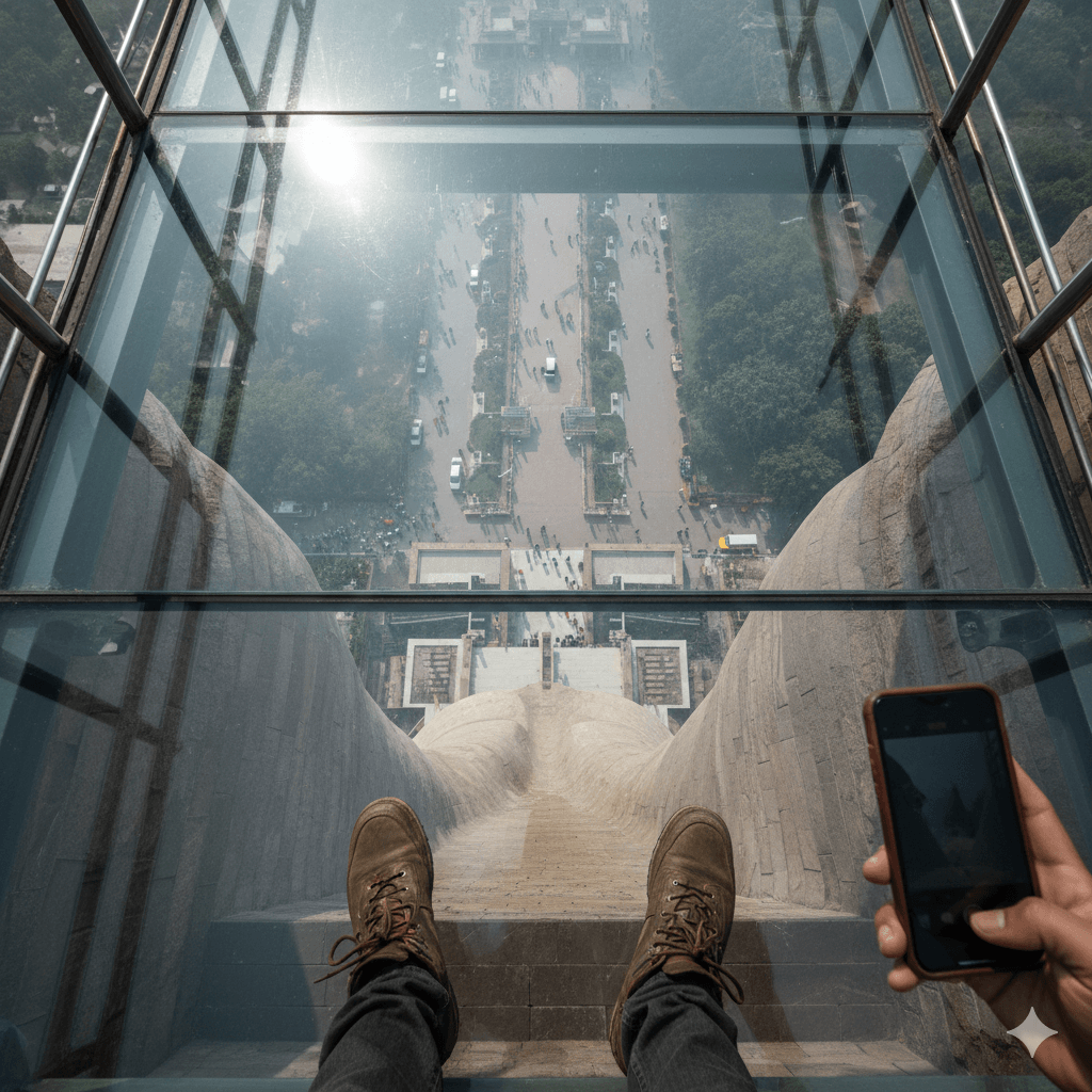 AI generated image of the glass bridge at the Statue of Belief in Nathdwara showing a high-altitude view. Places to visit in Rajsamand