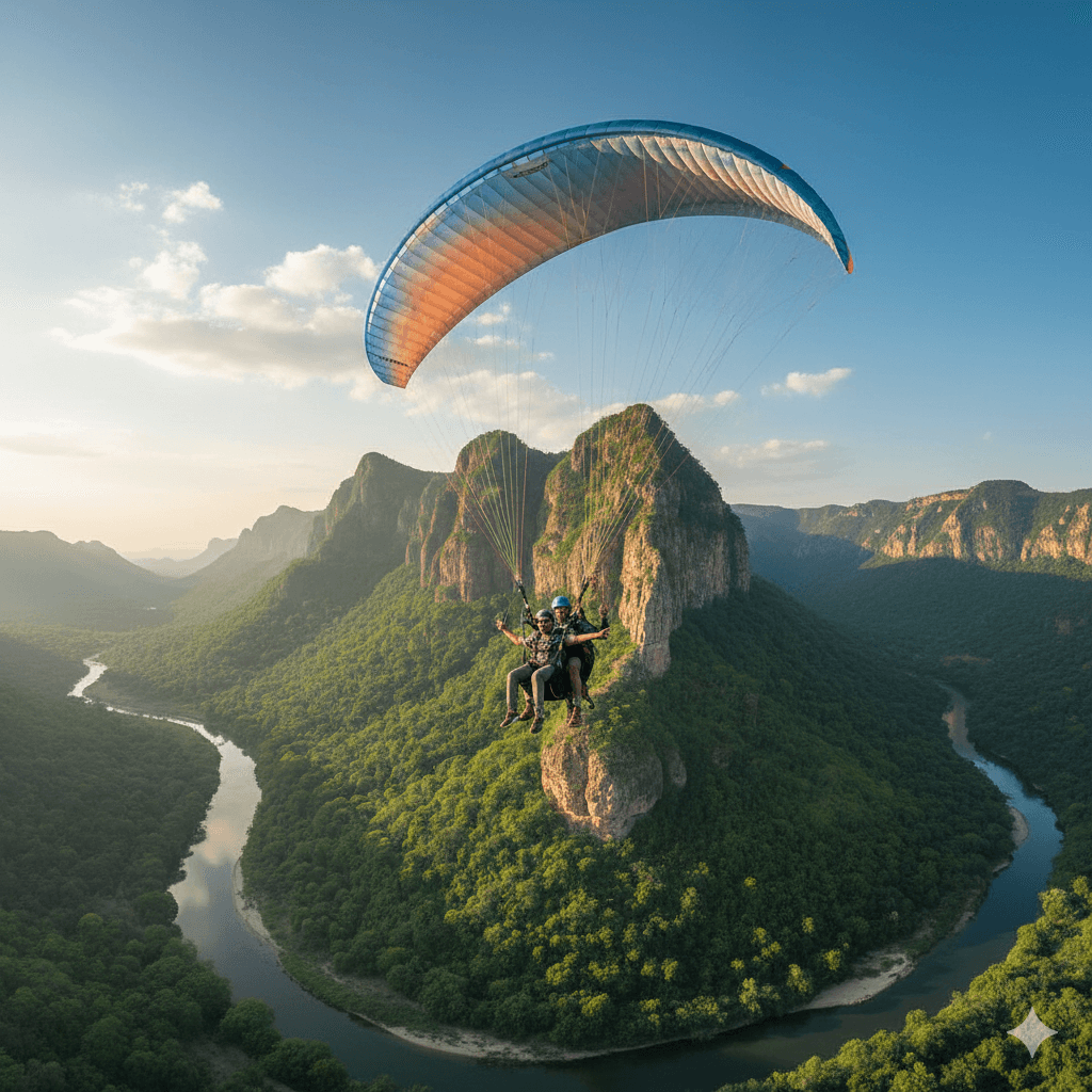 AI-generated image: Tandem paragliding in Udaipur's Aravalli foothills during the 2026 season.