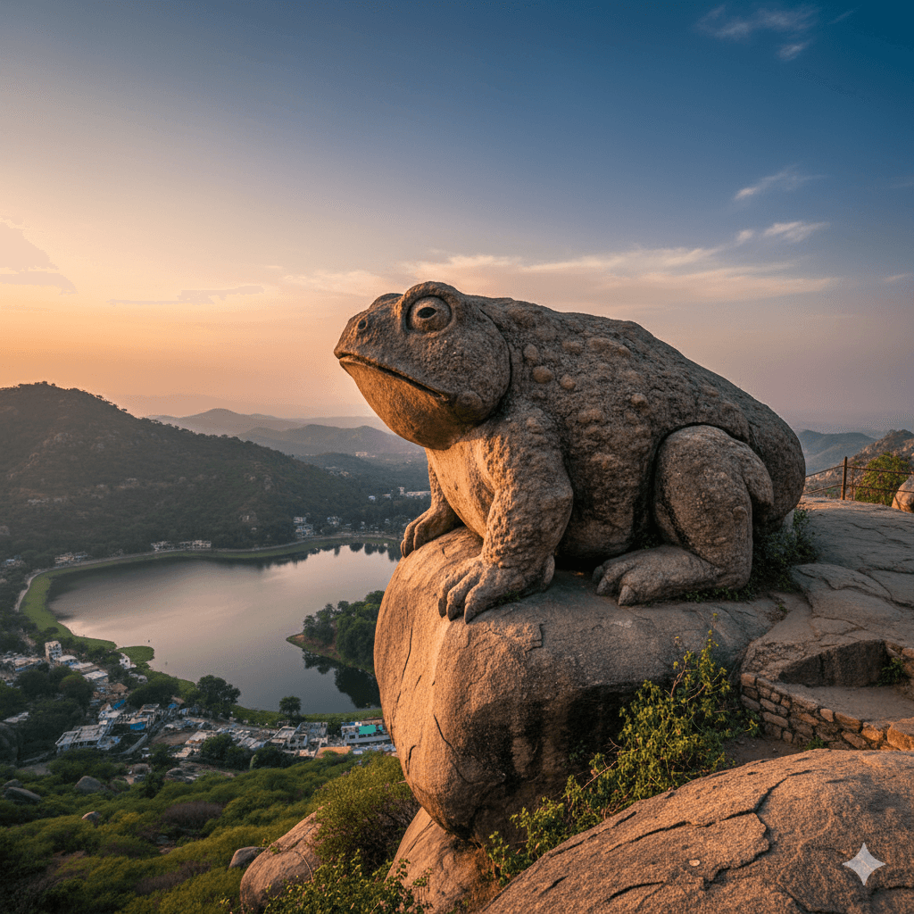 AI-generated iconic Toad Rock formation overlooking Nakki Lake in Mount Abu.