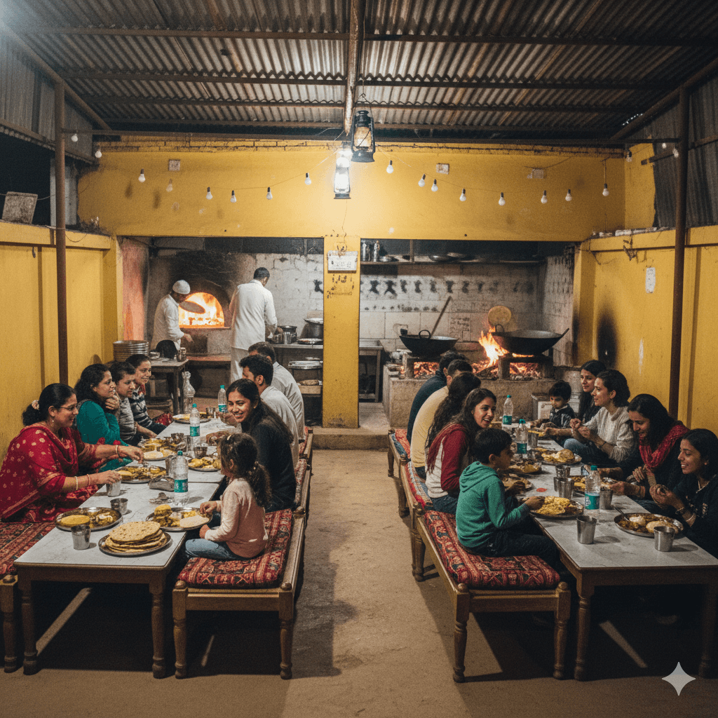 AI generated image: A busy local dhaba in Rajasthan with people enjoying the best thali in Jaipur in a budget-friendly setting.