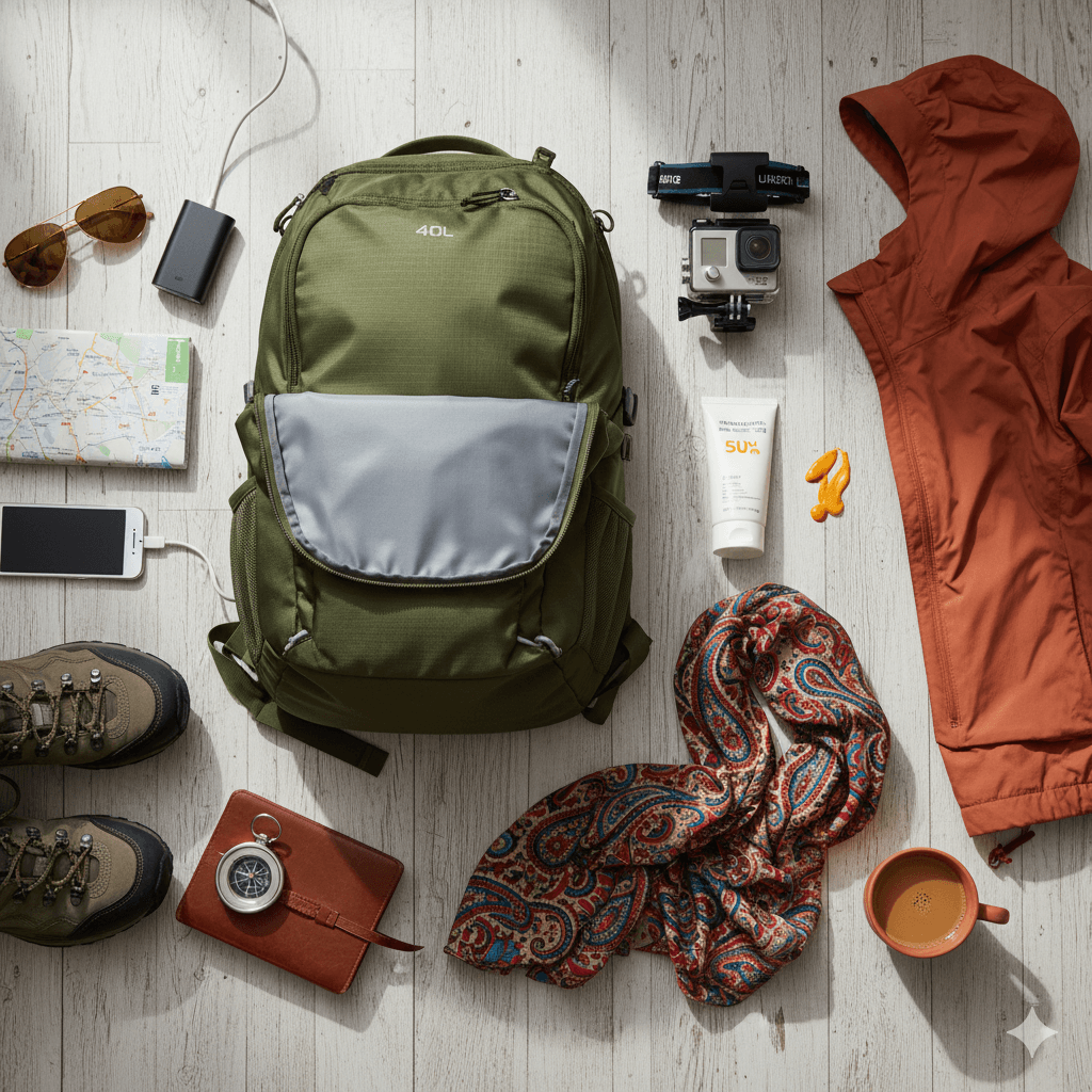 AI-generated image: Travel essentials and packing list for adventure activities and paragliding.