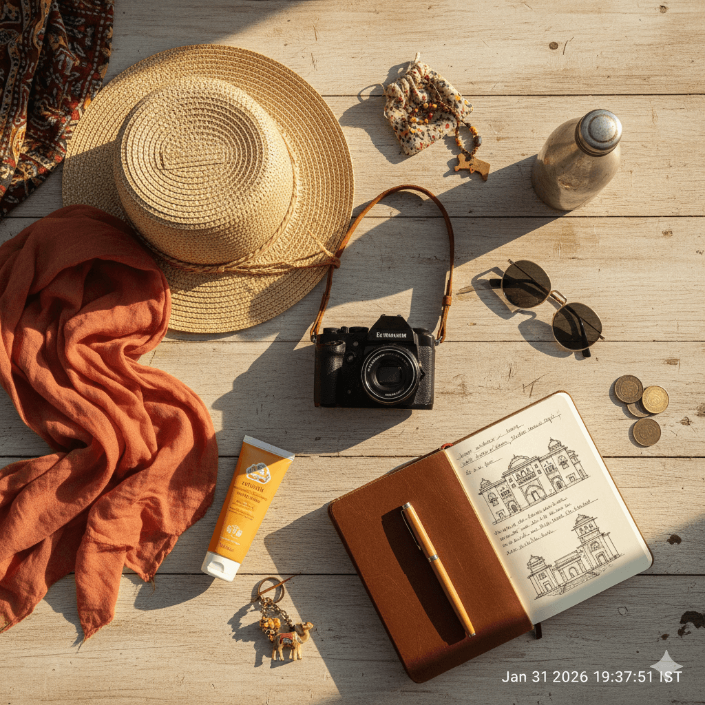 AI generated image of travel essentials for a desert trip to Shekhawati, including camera gear and a sun scarf. Shekhawati Travel Guide