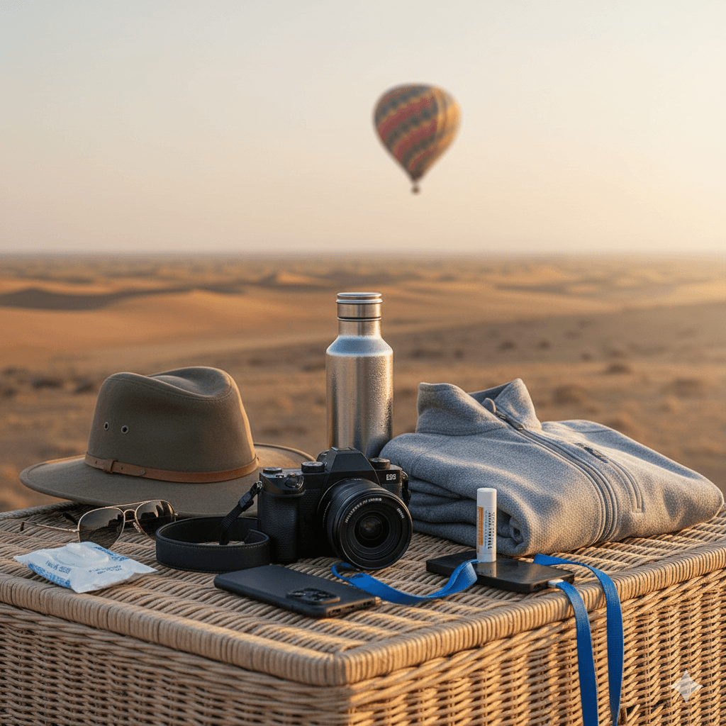 AI-generated image: Essential travel gear flat-lay for a morning hot air balloon ride in Rajasthan.