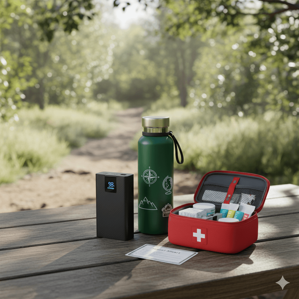 AI generated image of essential travel gear and safety items for a backpacking trip. Rajasthan budget itinerary