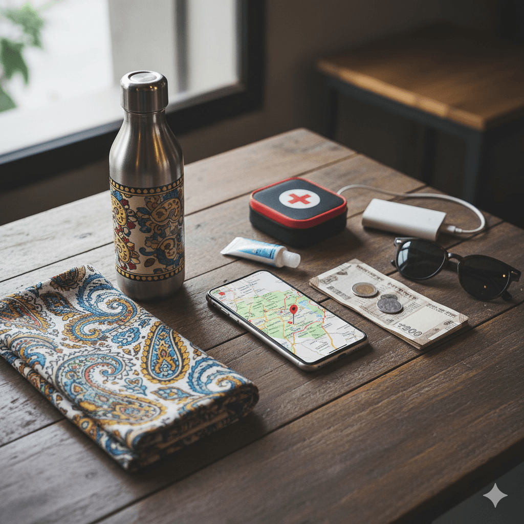 AI generated image: A traveler's survival kit including a reusable bottle, phone with map, and local currency for navigating Jaipur