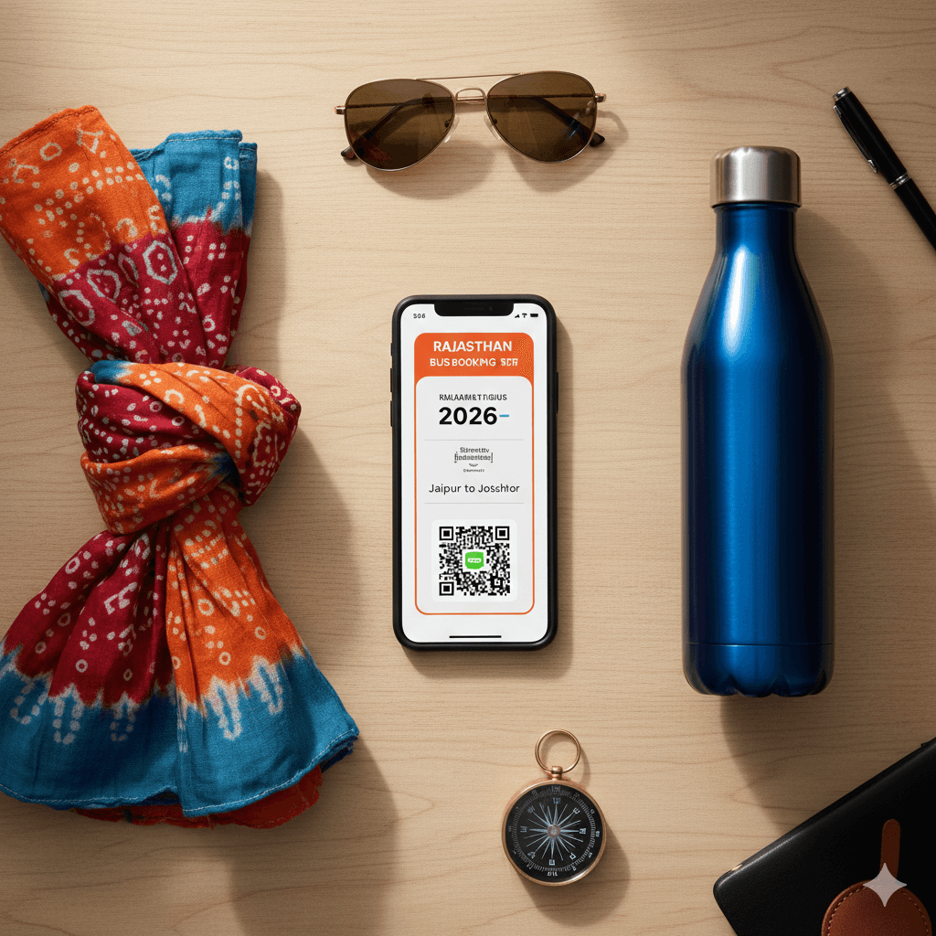 AI-generated flatlay of travel essentials: a digital phone showing a bus ticket, a scarf, and a water bottle.