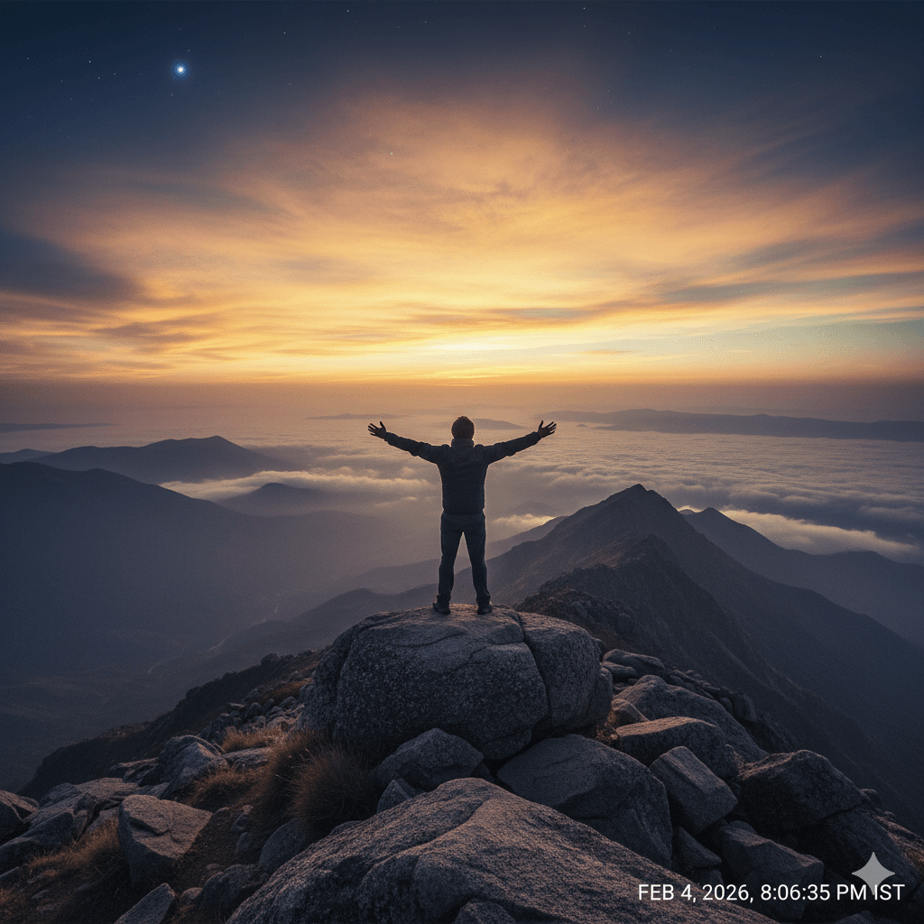 AI-generated silhouette of a hiker standing on the Guru Shikhar peak looking at the horizon.
