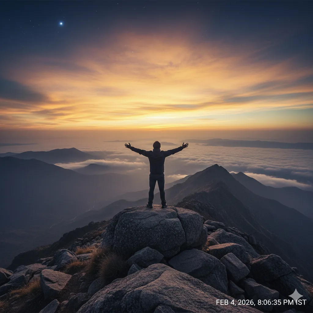 AI-generated silhouette of a hiker standing on the Guru Shikhar peak looking at the horizon.
