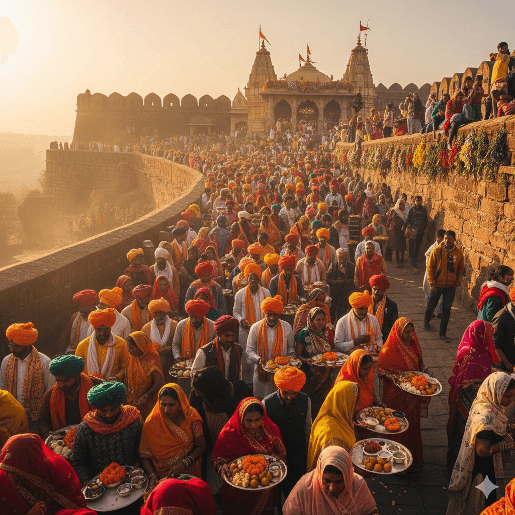 Pilgrims at Trinetra Ganesh Temple festival in Ranthambore Fort, AI generated image. Ranthambore vs Sariska tiger safari