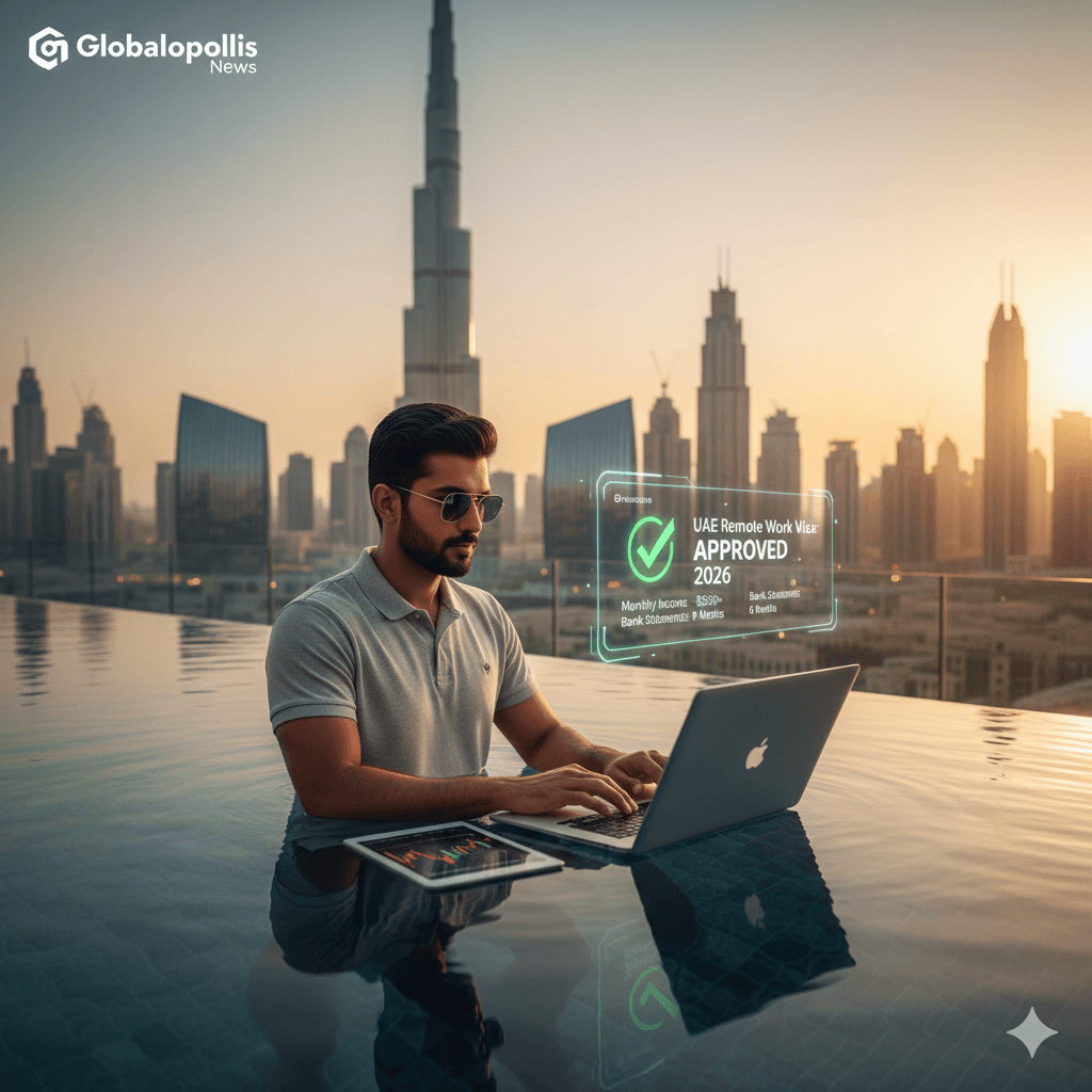 An AI-generated conceptual image of a digital nomad working on a laptop by an infinity pool with the Dubai skyline and Burj Khalifa in the background. A digital 'Approved 2026' visa holographic overlay displays the new UAE Remote Work Visa requirements, including the $3,500 monthly income and 6-month bank statement rules.