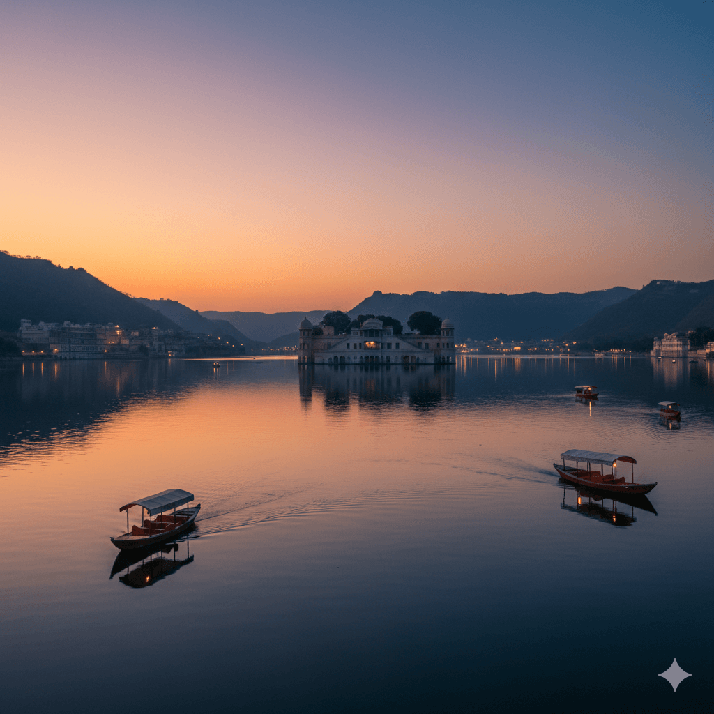 AI-generated serene evening view of the Lake Palace in Udaipur reflecting on the calm waters of Lake Pichola.
