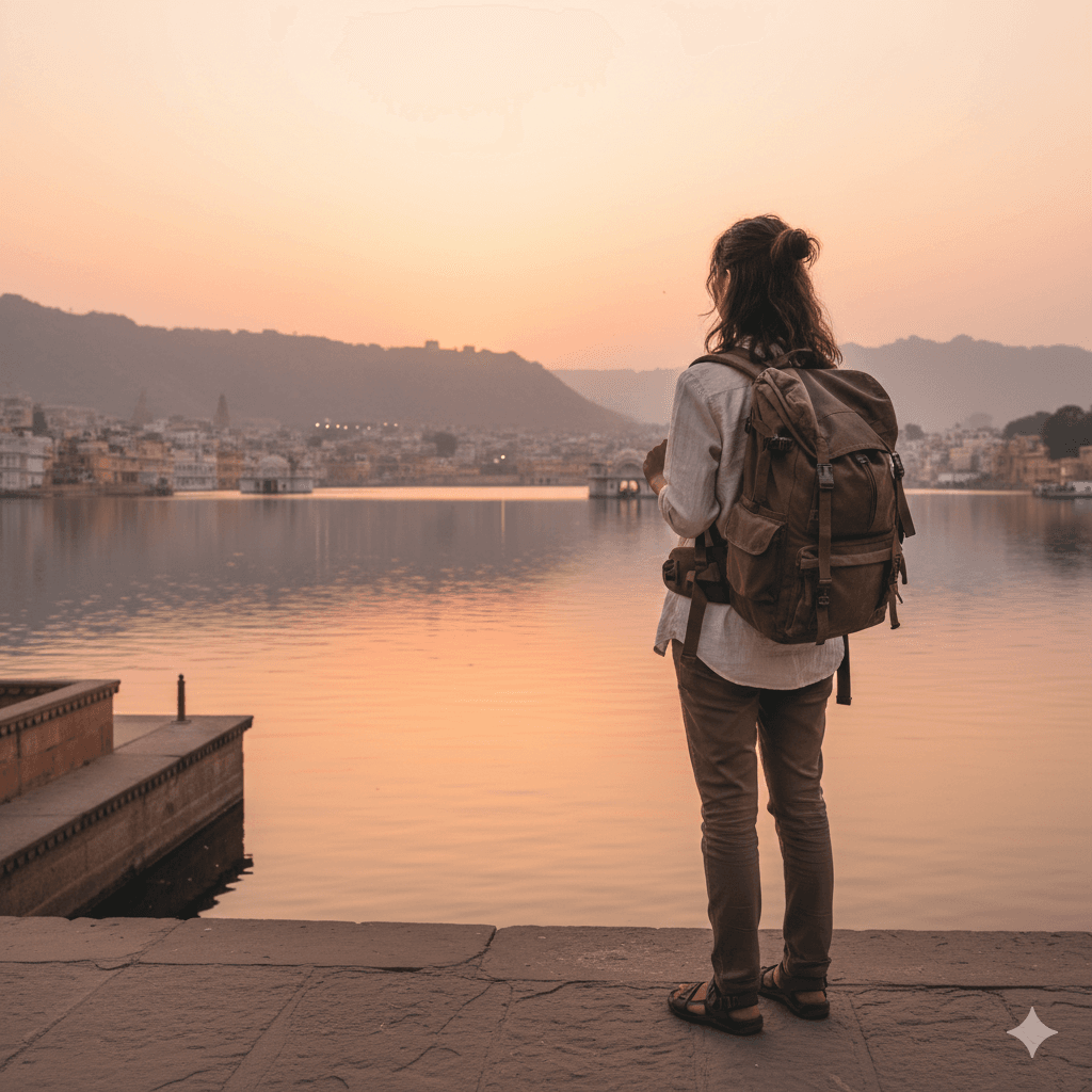 AI generated image: A solo traveler overlooking the calm waters of Lake Pichola in Udaipur, segmenting travel interests in Rajasthan.