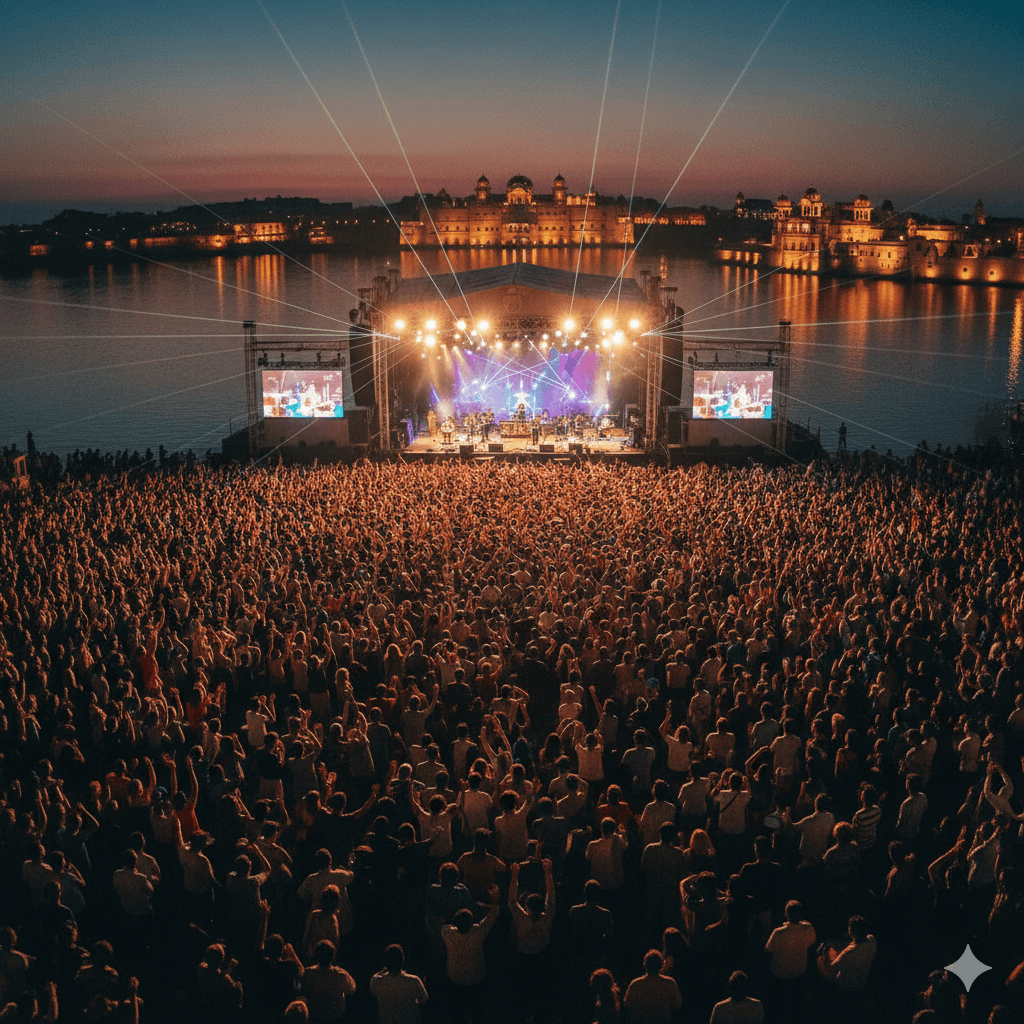 AI-generated image: Live performance at the Udaipur World Music Festival 2026 by the lakeside. 