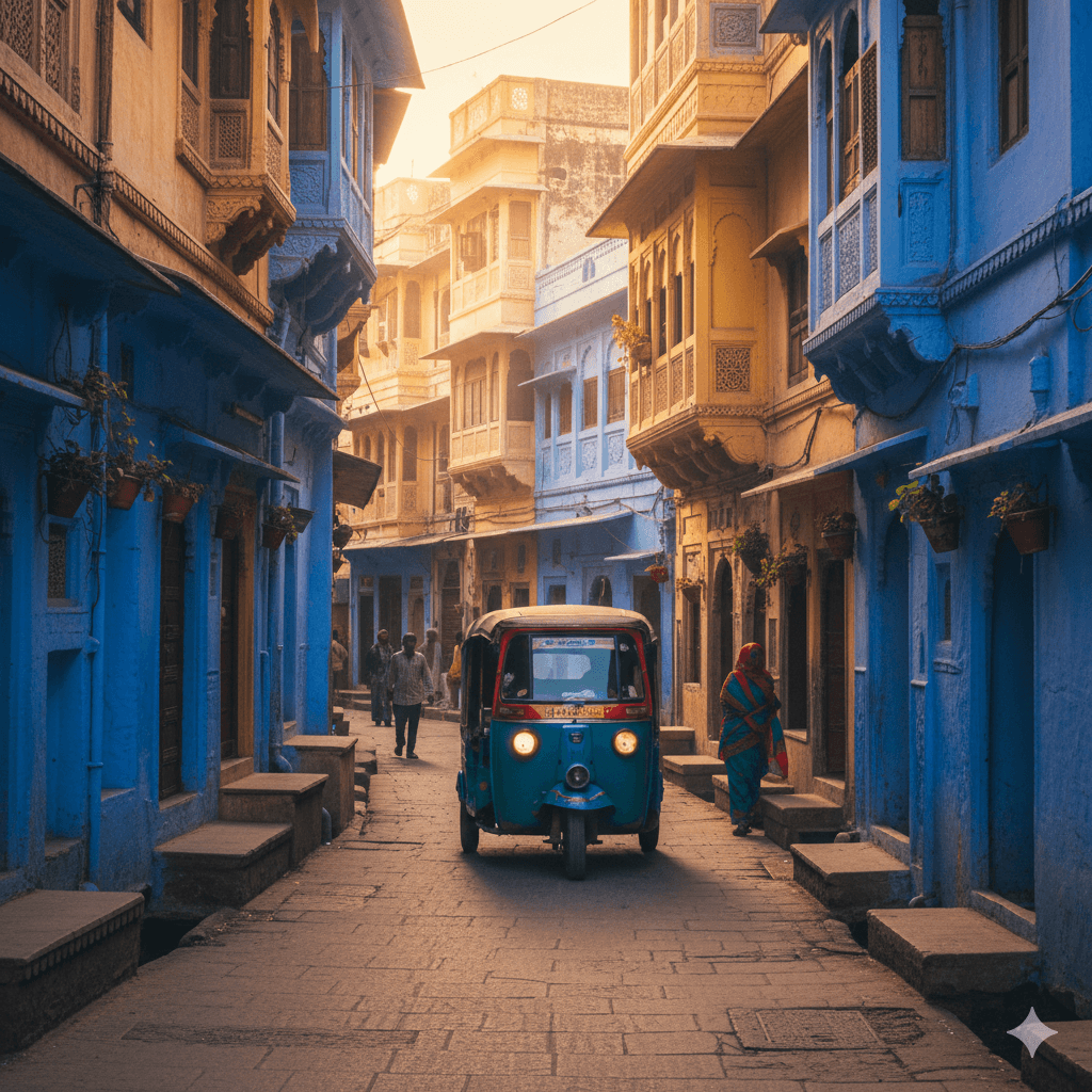 AI-generated image: A colorful auto-rickshaw navigating the narrow streets of Udaipur Old City.