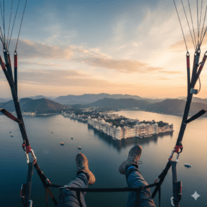 AI-generated image: First-person perspective of paragliding in Udaipur over Lake Pichola and City Palace.