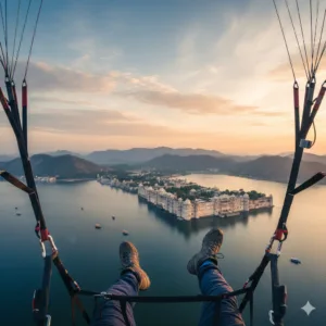 AI-generated image: First-person perspective of paragliding in Udaipur over Lake Pichola and City Palace.