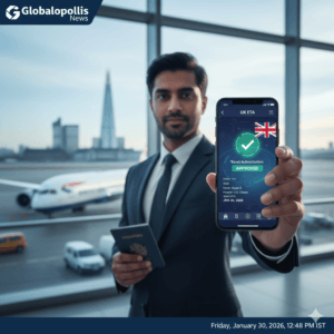 An AI-generated conceptual image of a professional traveler at an airport terminal holding a smartphone that displays an 'Approved' UK ETA (Electronic Travel Authorisation) digital screen. In the background, a commercial jet sits on the tarmac with the London skyline and The Shard visible under a clear sky, representing the 2026 mandatory entry requirements for the United Kingdom