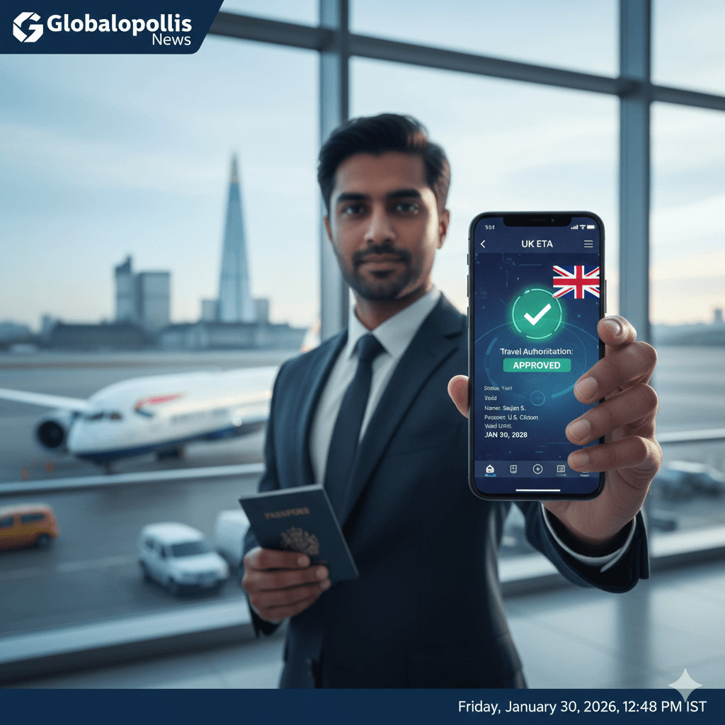 An AI-generated conceptual image of a professional traveler at an airport terminal holding a smartphone that displays an 'Approved' UK ETA (Electronic Travel Authorisation) digital screen. In the background, a commercial jet sits on the tarmac with the London skyline and The Shard visible under a clear sky, representing the 2026 mandatory entry requirements for the United Kingdom