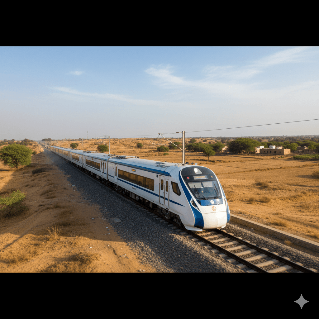 AI generated image: The Vande Bharat Express train cutting through the Aravalli hills, representing efficient travel logistics in Rajasthan
