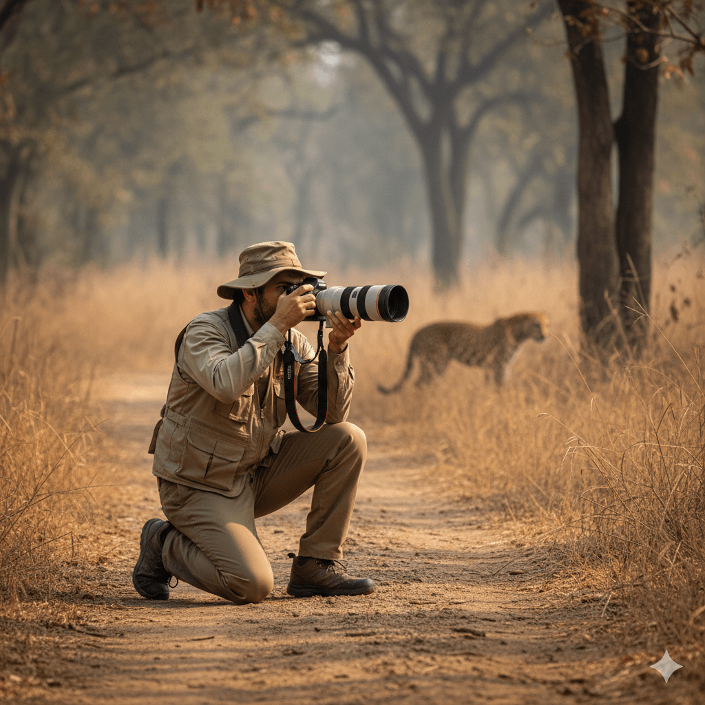 Wildlife photographer with a professional DSLR in a jungle no-phone zone, AI generated image.