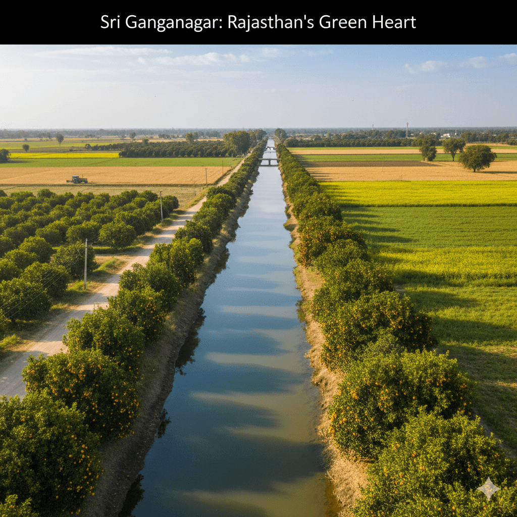 AI generated image of Sri Ganganagar travel guide hero banner showing lush greenery and canals in Rajasthan.