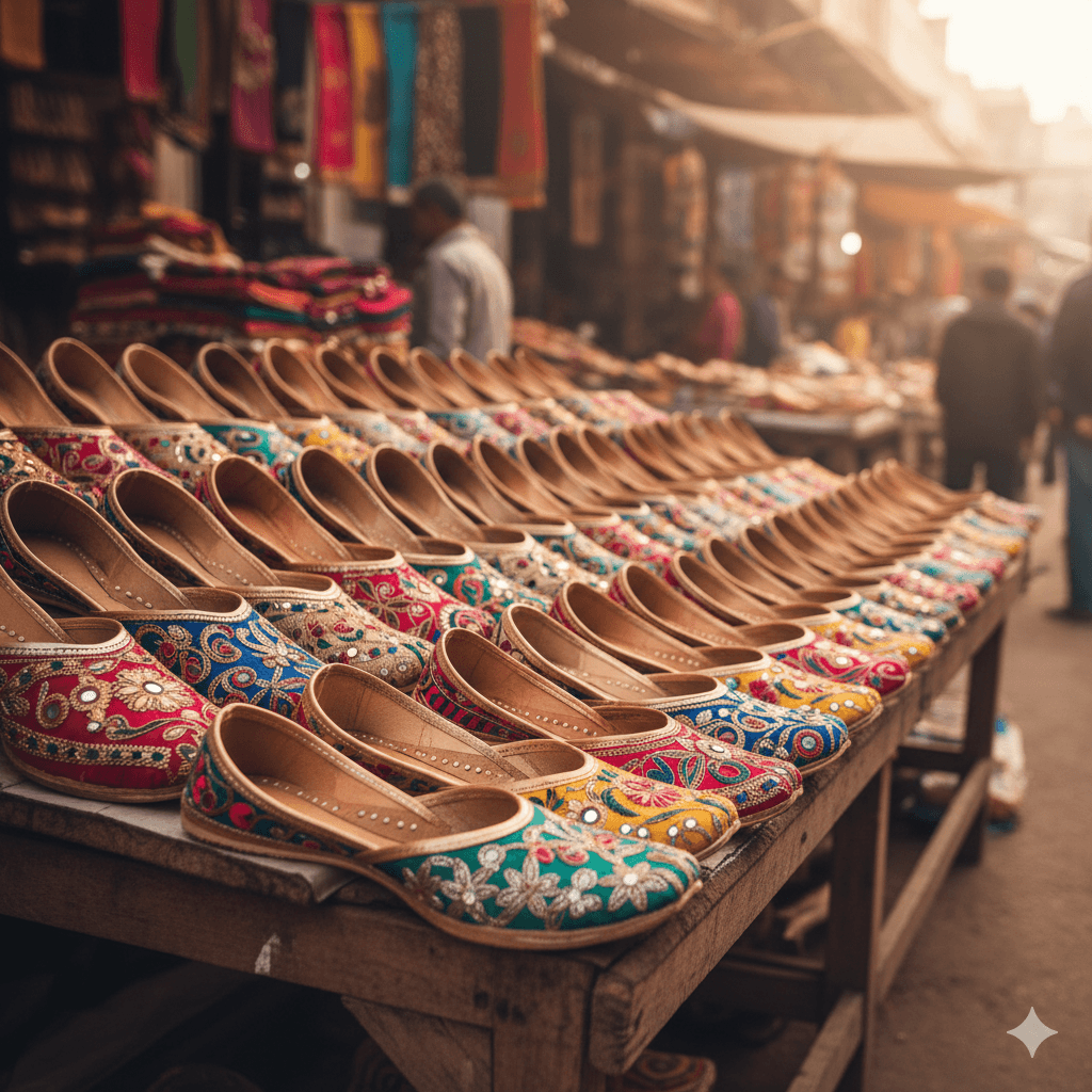 AI generated image of traditional Punjabi Juttis in a market for shopping enthusiasts.