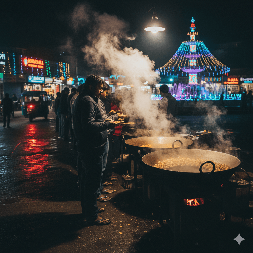AI generated image of nightlife and street food stalls at night under bright lights.