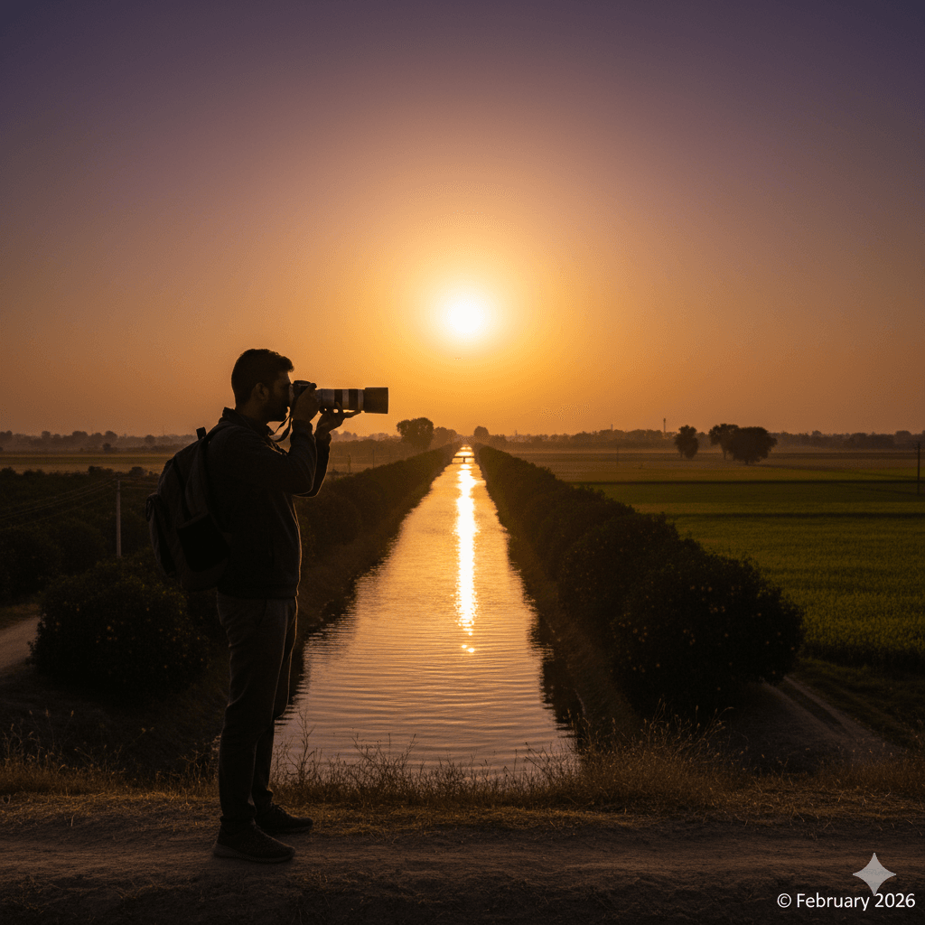 AI generated image of a scenic sunset over the canal, a top place to visit in Sri Ganganagar for photography. 
