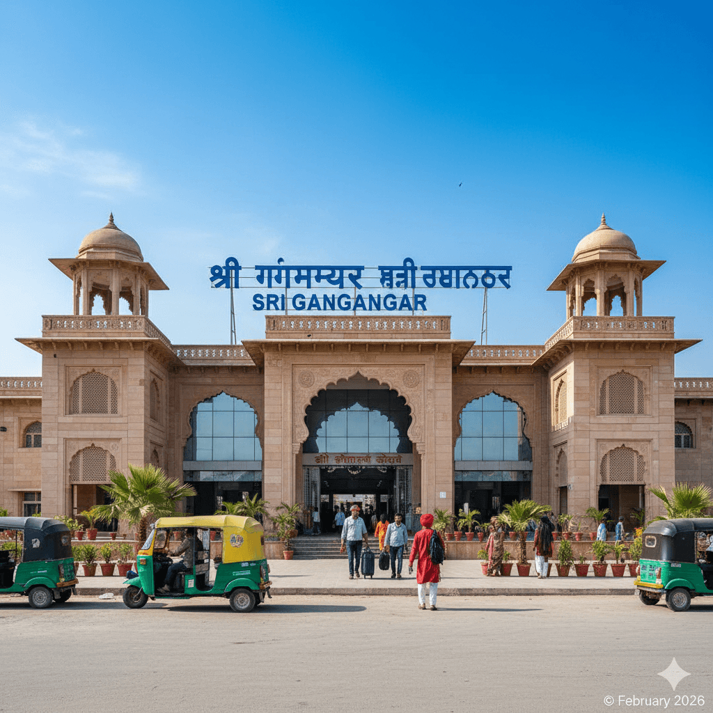 AI generated image of the Sri Ganganagar railway station, providing travel information for tourists.