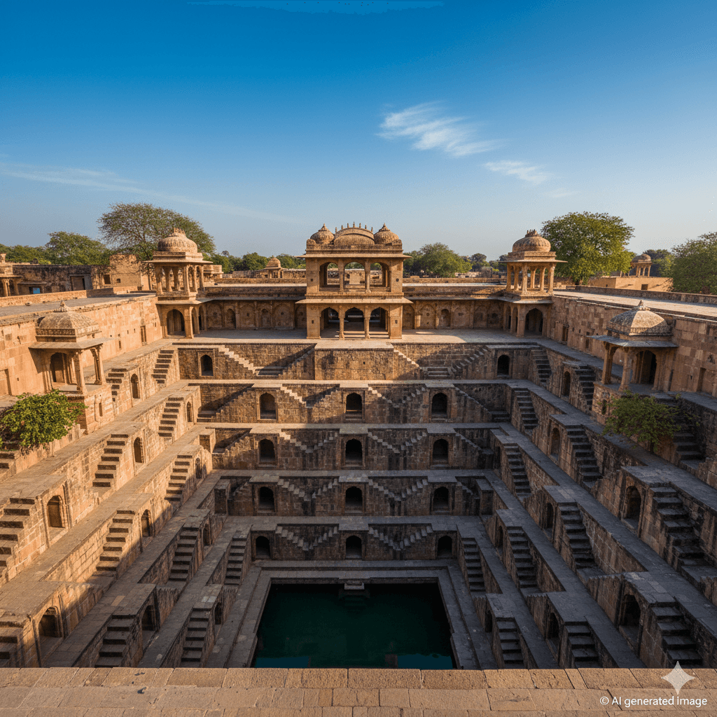 AI generated image of the symmetrical Hadi Rani Kund stepwell, a top place to visit near Tonk