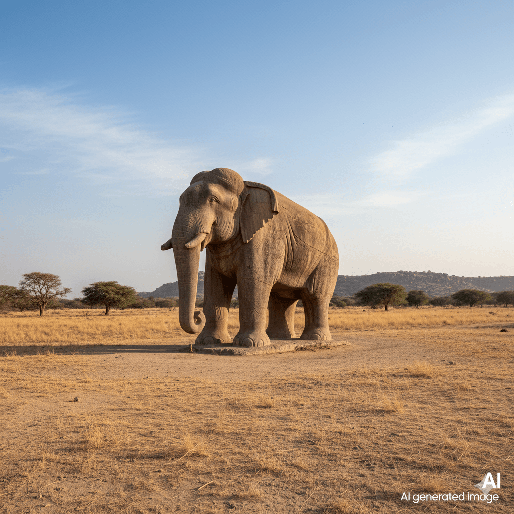 AI generated image of Hathi Bhata, the ancient monolithic stone elephant sightseeing destination near Tonk Places to visit in Tonk
