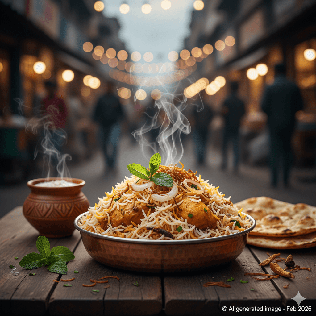 AI generated image of authentic Nawabi Biryani and local sweets, showcasing Tonk’s culinary tourism Places to visit in Tonk