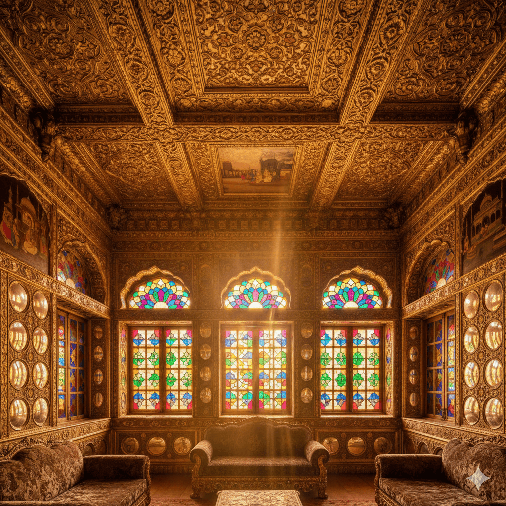 AI generated image of the stunning gold interiors of Sunehri Kothi, a top place to visit in Tonk.