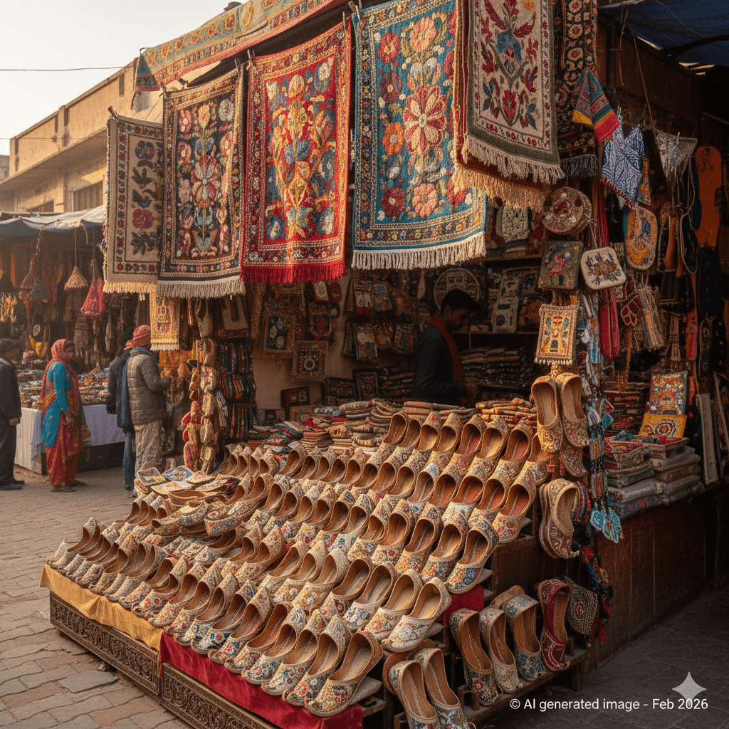 AI generated image of traditional Namda rugs and leather juttis in a Tonk bazaar.