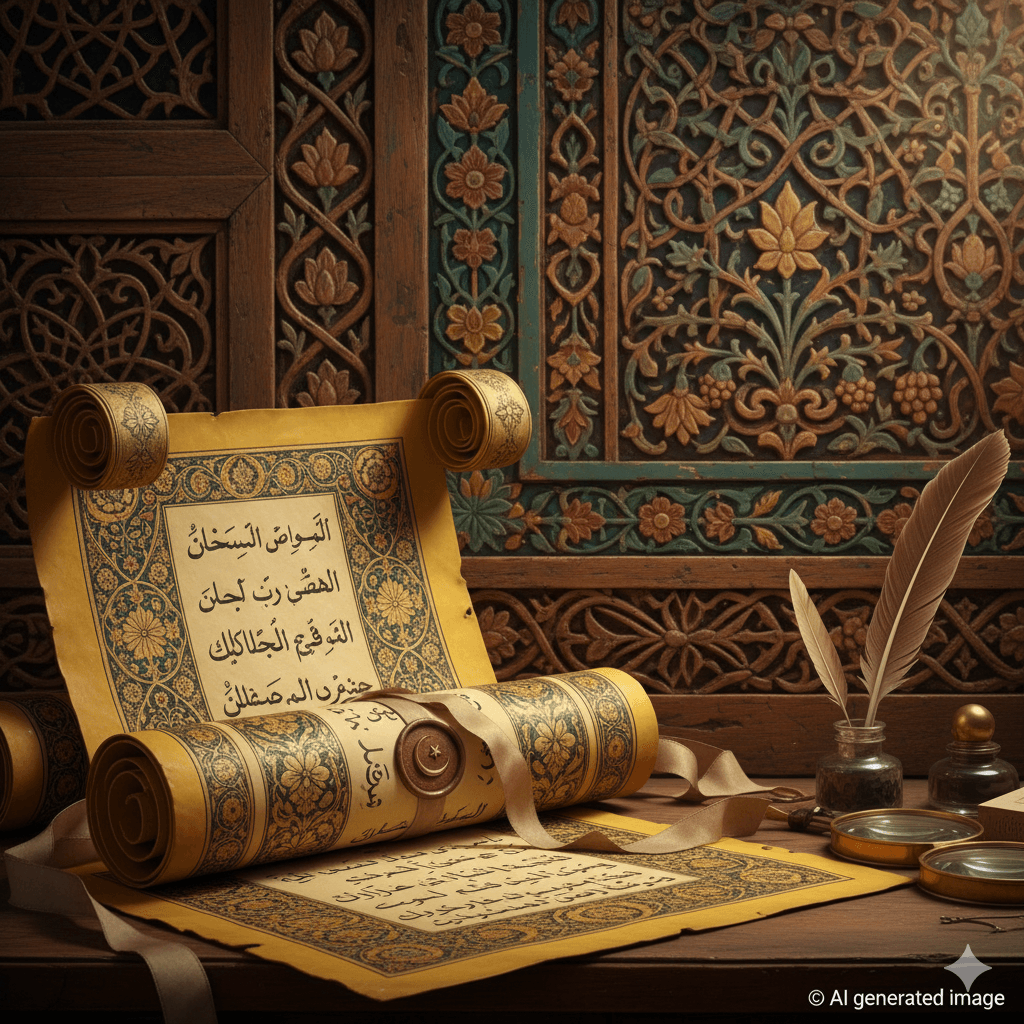 AI generated image representing the Nawabi culture and history of Tonk, featuring traditional calligraphy and royal symbols.