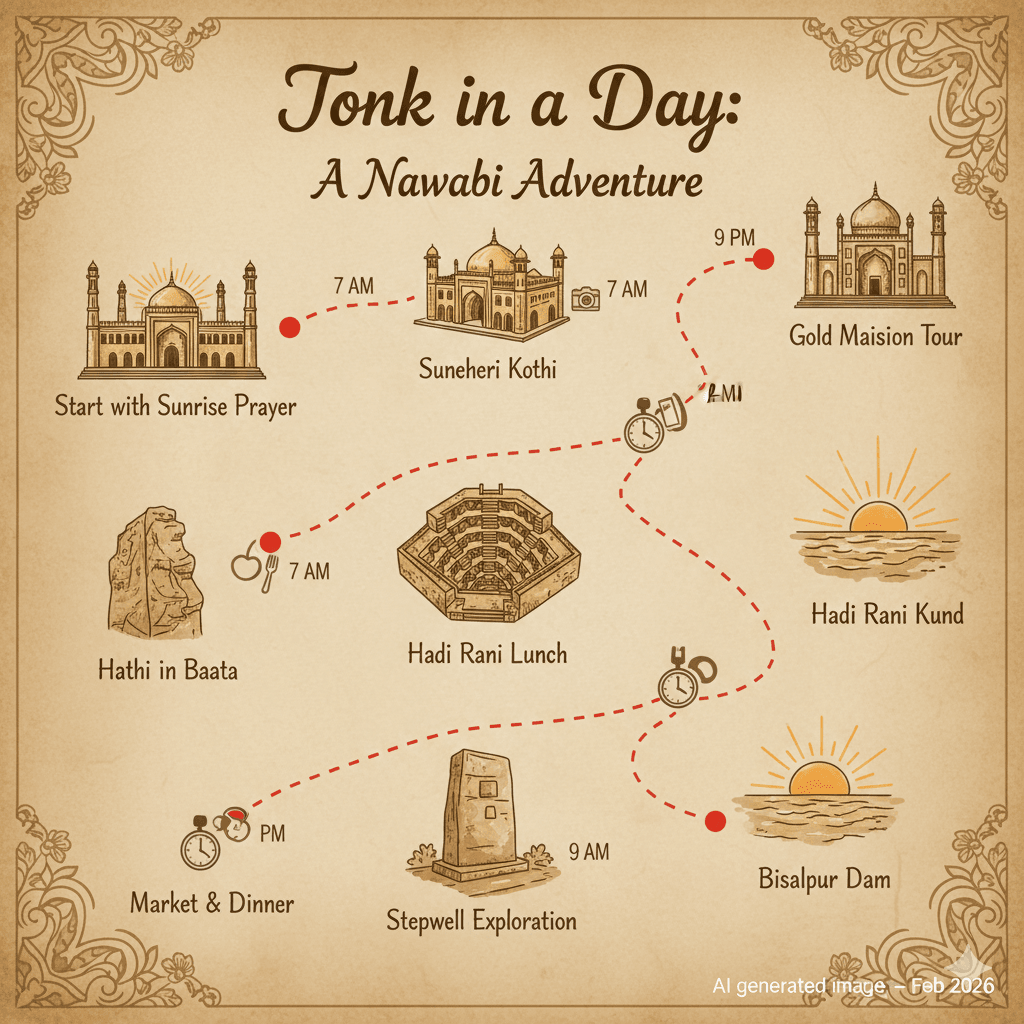 AI generated image of a 24-hour travel itinerary map for exploring Tonk efficiently