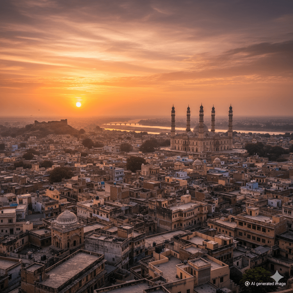 AI generated image of the historical skyline of Tonk, Rajasthan, showcasing Nawabi architecture at sunset for travel blog SEO.